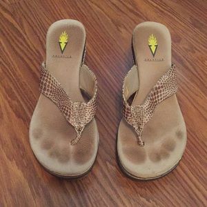 Snake skin thong wedge sandals